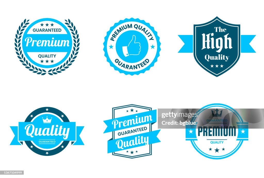 Ensemble de badges bleus et d’étiquettes « Qualité » - Éléments de conception