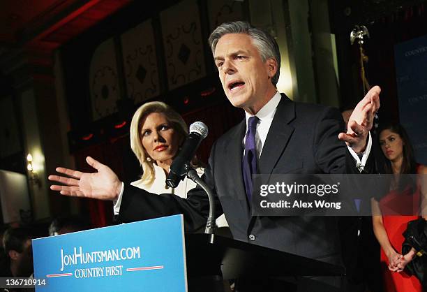 Republican presidential candidate, former Utah Gov. Jon Huntsman speaks at his primary night rally as his wife Mary Kaye Huntsman looks on at the The...