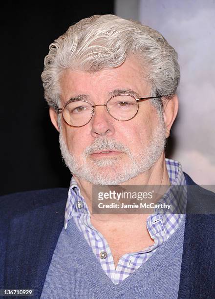 George Lucas attends the "Red Tails" premiere at the Ziegfeld Theater on January 10, 2012 in New York City.