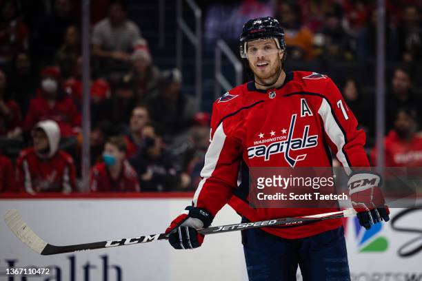 John Carlson of the Washington Capitals looks on against the Vegas Golden Knights during the first period of the game at Capital One Arena on January...