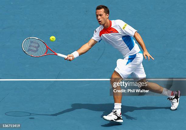 Philipp Kohlschreiber of Germany plays a shot during his match against Ryan Harrison of the USA on day three of the 2012 Heineken Open at the ASB...