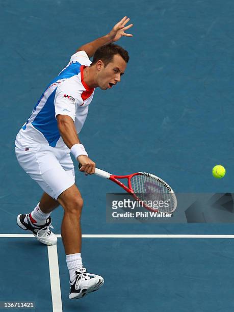Philipp Kohlschreiber of Germany plays a shot during his match against Ryan Harrison of the USA on day three of the 2012 Heineken Open at the ASB...