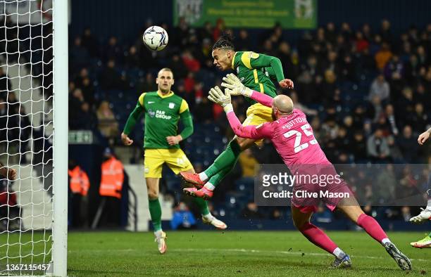 Cameron Archer of Preston North End scores their team's second goal past David Button of West Bromwich Albion during the Sky Bet Championship match...