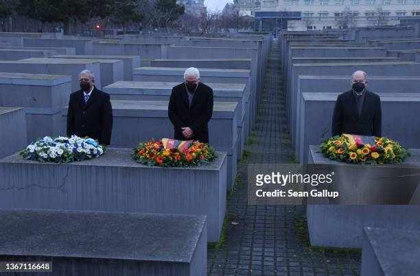 Israeli Knesset President Mickey Levy , German President Frank-Walter Steinmeier and German Chancellor Olaf Scholz attend a wreath-laying ceremony on...