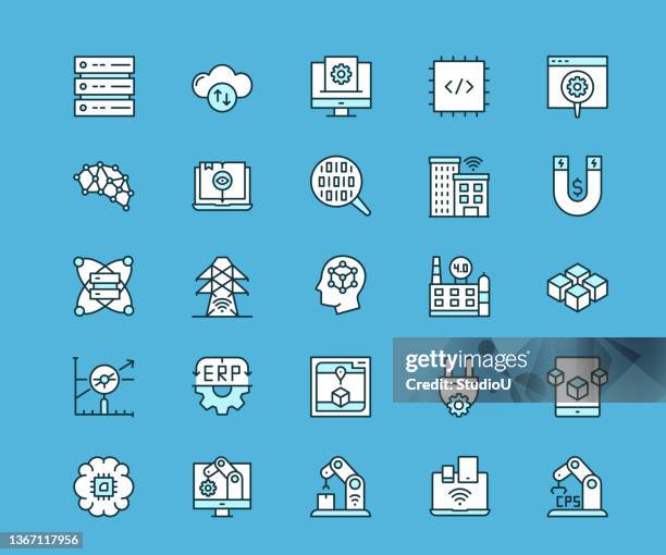 industry 4.0 multicolored line icons - smart manufacturing stock illustrations