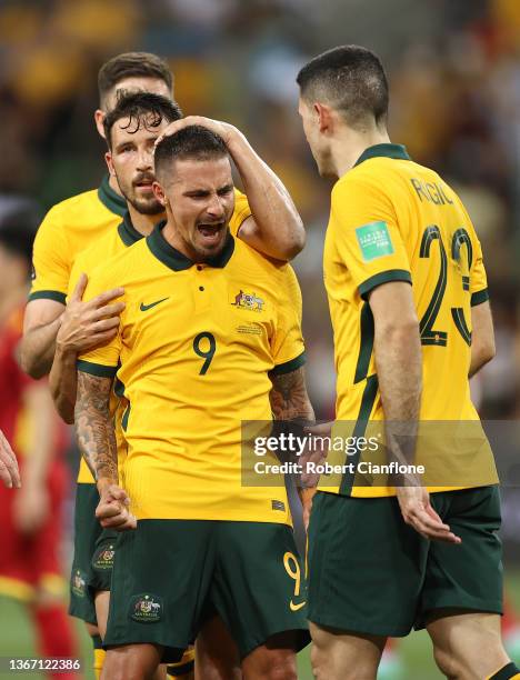 Jamie Mclaren of Australia aaduring the FIFA World Cup Qatar 2022 AFC Asian Qualifier match between Australia Socceroos and Vietnam at AAMI Park on...
