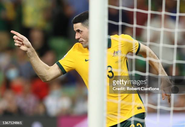 Tom Rogic of Australia celebrates after scoring a goal during the FIFA World Cup Qatar 2022 AFC Asian Qualifier match between Australia Socceroos and...