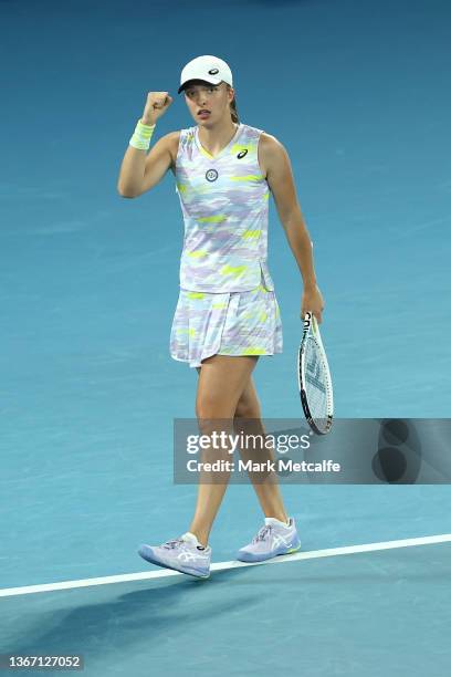 Iga Swiatek of Poland celebrates a point in her Women's Singles Semifinals match against Danielle Collins of United States during day 11 of the 2022...