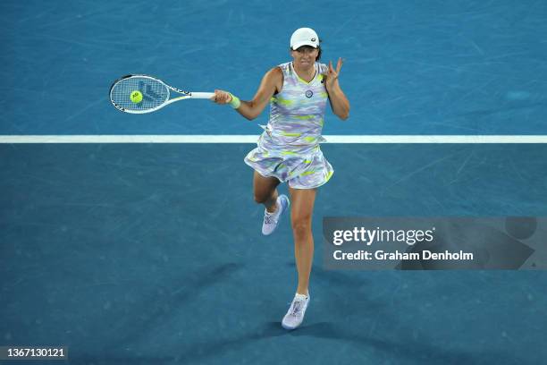 Iga Swiatek of Poland plays a forehand in her Women's Singles Semifinals match against Danielle Collins of United States during day 11 of the 2022...