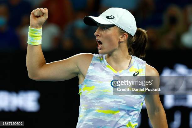 Iga Swiatek of Poland celebrates a point in her Women's Singles Semifinals match against Danielle Collins of United States during day 11 of the 2022...