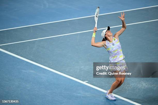 Iga Swiatek of Poland serves in her Women's Singles Semifinals match against Danielle Collins of United States during day 11 of the 2022 Australian...