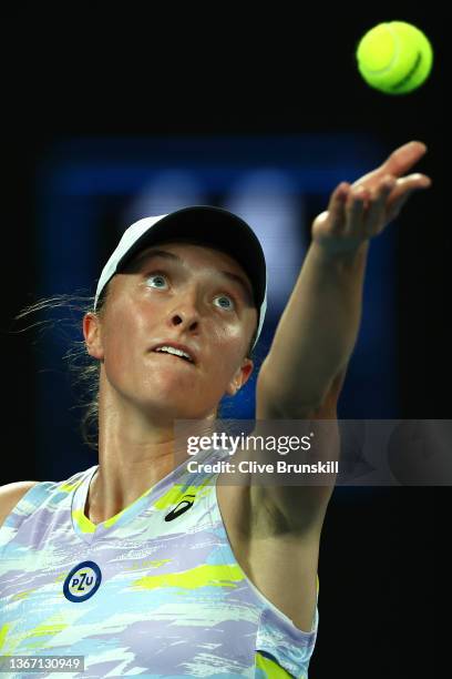 Iga Swiatek of Poland serves in her Women's Singles Semifinals match against Danielle Collins of United States during day 11 of the 2022 Australian...