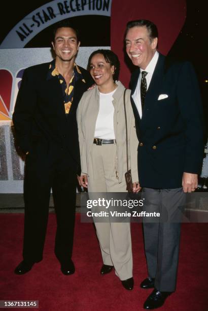 American actor Benjamin Bratt, American actress S Epatha Merkerson, and American actor and singer Jerry Orbach attend the 1997 NBC Affiliates...