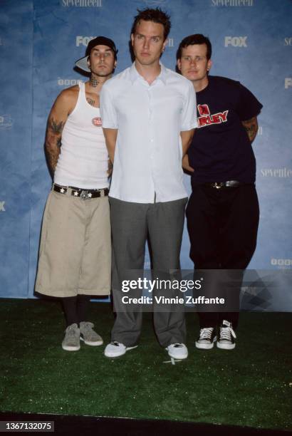 American pop-punk band Blink 182 in the press room of the 1999 Teen Choice Awards, held at Barker Hangar, Santa Monica Airport in Santa Monica,...