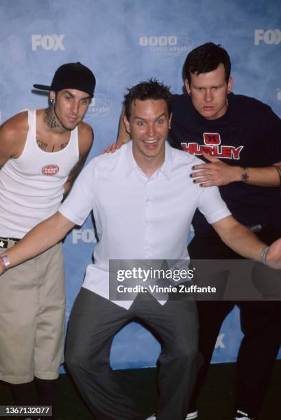 American pop-punk band Blink 182 in the press room of the 1999 Teen Choice Awards, held at Barker Hangar, Santa Monica Airport in Santa Monica,...