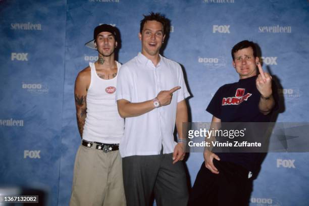 American pop-punk band Blink 182 in the press room of the 1999 Teen Choice Awards, held at Barker Hangar, Santa Monica Airport in Santa Monica,...