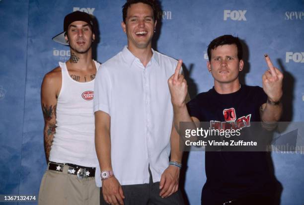 American pop-punk band Blink 182 in the press room of the 1999 Teen Choice Awards, held at Barker Hangar, Santa Monica Airport in Santa Monica,...