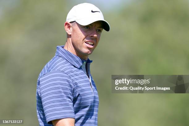 Rory McIlroy of Northern Ireland looks on during day one of the Slync.io Dubai Desert Classic at Emirates Golf Club on January 27, 2022 in Dubai,...