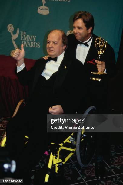 Former White House Press Secretary James Brady and American actor Beau Bridges in the press room of the 44th Annual Primetime Emmy Awards, held at...