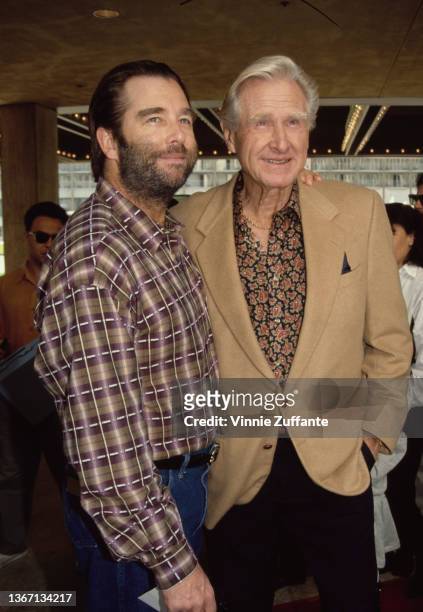 American actor Beau Bridges and his father, American actor Lloyd Bridges attend the Century City premiere of 'Home Alone 2: Lost in New York,' held...