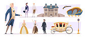 18th century. Old style architectural historical objects people fashioned clothes and buildings aristocratic costumes exact vector pictures set