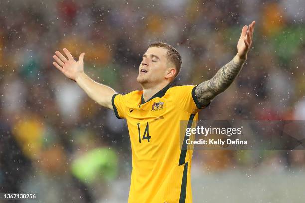 Riley McGree of Australia celebrates his goal during the FIFA World Cup Qatar 2022 AFC Asian Qualifier match between Australia Socceroos and Vietnam...