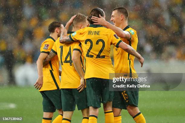 Riley McGree of Australia celebrates his goal with team mates during the FIFA World Cup Qatar 2022 AFC Asian Qualifier match between Australia...