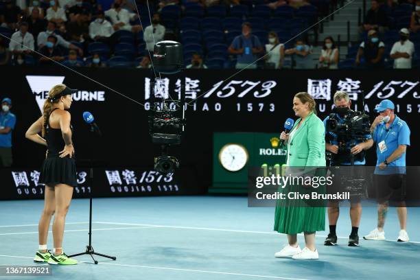 Danielle Collins of United States is interviewed by Jelena Dokic after winning the Women's Singles Semifinals match against Iga Swiatek of Poland...