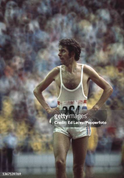 English athlete Brendan Foster of Great Britain after qualifying in 2nd place in heat 2 of the Men's 10,000 metres event at the 1976 Summer Olympics...