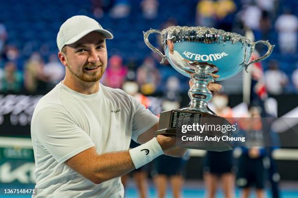 Sam Schroder of Netherlands poses with the trophy after winning the Quad Wheelchair Singles Final against Dylan Alcott of Australia during day 11 of...