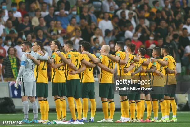 Australia stand for their national anthem during the FIFA World Cup Qatar 2022 AFC Asian Qualifier match between Australia Socceroos and Vietnam at...