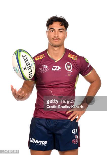 Jordan Petaia poses during the Queensland Reds Super Rugby 2022 headshots session at Suncorp Stadium on January 27, 2022 in Brisbane, Australia.