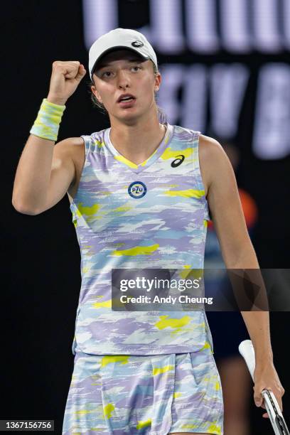 Iga Swiatek of Poland celebrates winning a point in her Women's Singles Semifinals match against Danielle Collins of United States during day 11 of...