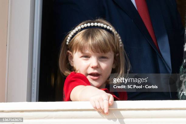 Princess Gabriella of Monaco greets the crowd from the palace balcony during the Sainte Devote Ceremony. Sainte devote is the patron saint of The...