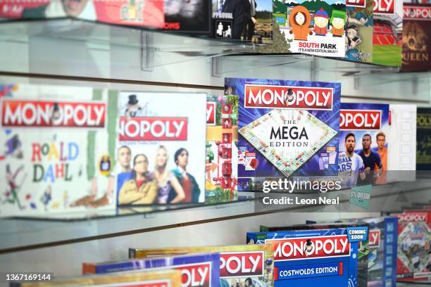 Rows of special edition Monopoly board games are seen at the Toy Fair 2022 on January 27, 2022 in London, England. The 2022 London Toy Fair is the...