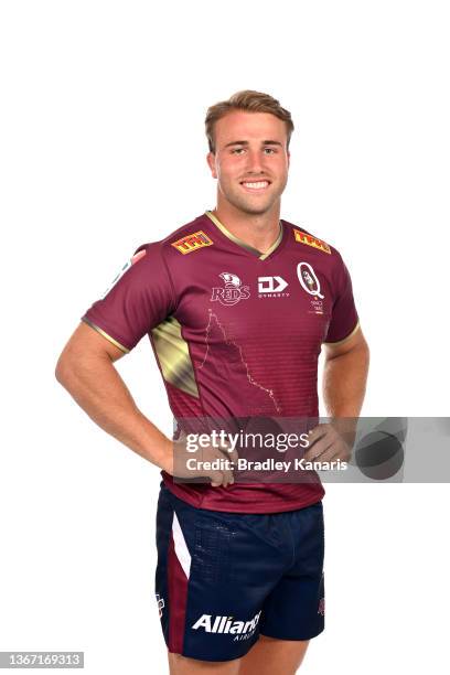 Hamish Stewart poses during the Queensland Reds Super Rugby 2022 headshots session at Suncorp Stadium on January 27, 2022 in Brisbane, Australia.