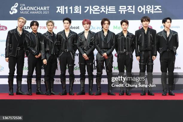 Boy band NCT 127 attends the 11th Gaon Chart Music Awards at Jasmil Indoor Gymnasium on January 27, 2022 in Seoul, South Korea.