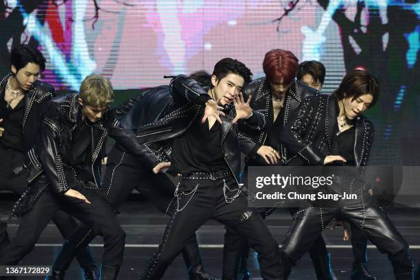 Boy band NCT 127 performs during the 11th Gaon Chart Music Awards at Jasmil Indoor Gymnasium on January 27, 2022 in Seoul, South Korea.