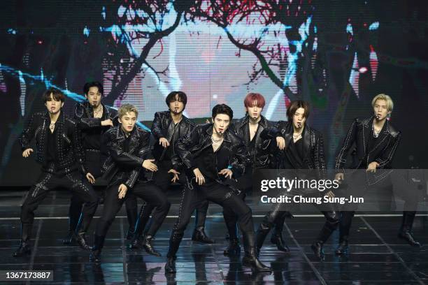 Boy band NCT 127 performs during the 11th Gaon Chart Music Awards at Jasmil Indoor Gymnasium on January 27, 2022 in Seoul, South Korea.