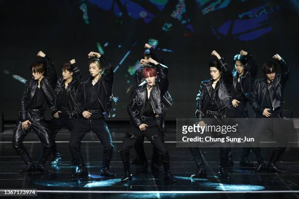 Boy band NCT 127 performs during the 11th Gaon Chart Music Awards at Jasmil Indoor Gymnasium on January 27, 2022 in Seoul, South Korea.