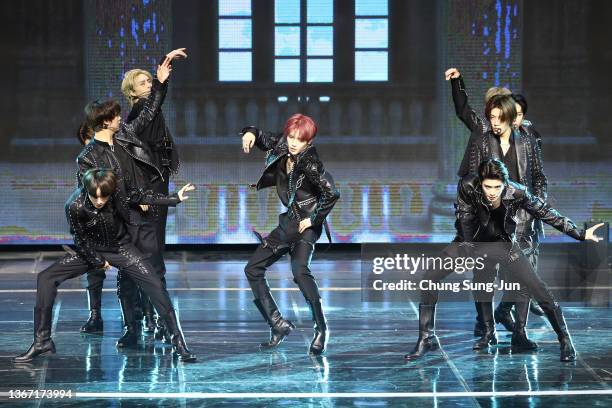 Boy band NCT 127 performs during the 11th Gaon Chart Music Awards at Jasmil Indoor Gymnasium on January 27, 2022 in Seoul, South Korea.