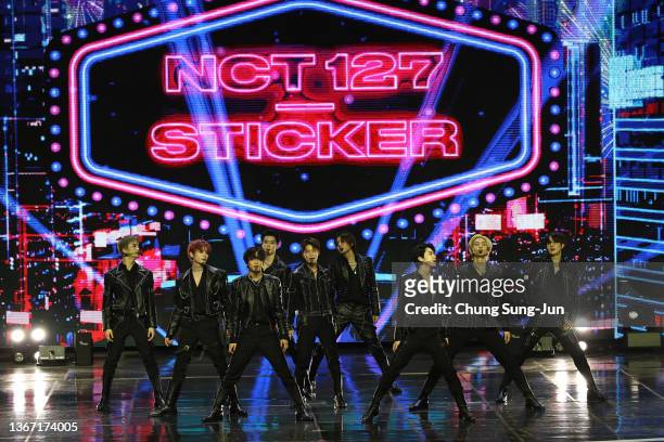 Boy band NCT 127 performs during the 11th Gaon Chart Music Awards at Jasmil Indoor Gymnasium on January 27, 2022 in Seoul, South Korea.