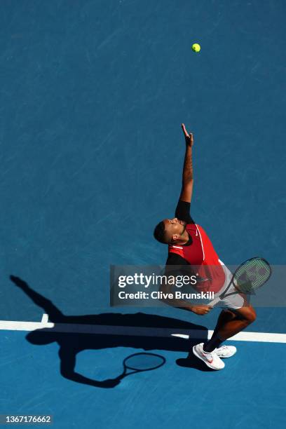 Nick Kyrgios of Australia serves in his Men's Doubles Semifinals match with Thanasi Kokkinakis of Australia against Marcel Granollers of Spain and...