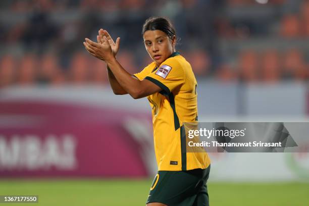 Sam Kerr of Australia gestures during the AFC Women's Asian Cup Group B match between Australia and Thailand at Mumbai Football Arena on January 27,...