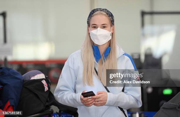 Snowboarder Katie Ormerod looks on as Team GB Athletes depart for Beijing ahead of the 2022 Winter Olympics at Heathrow Airport on January 27, 2022...