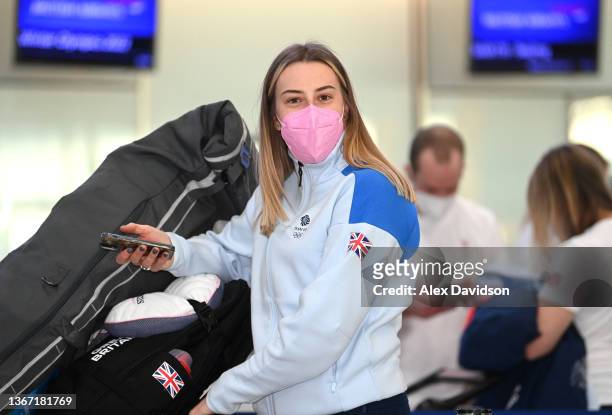 Freestyle Skier Katie Summerhayes looks on as Team GB Athletes depart for Beijing ahead of the 2022 Winter Olympics at Heathrow Airport on January...