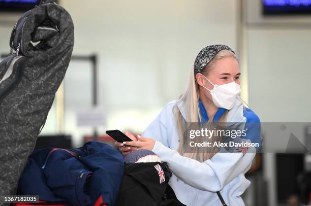 Snowboarder Katie Ormerod looks on as Team GB Athletes depart for Beijing ahead of the 2022 Winter Olympics at Heathrow Airport on January 27, 2022...