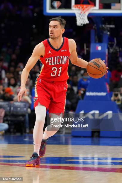 Tomas Satoransky of the New Orleans Pelicans dribbles the ball against the Philadelphia 76ers at the Wells Fargo Center on January 25, 2022 in...