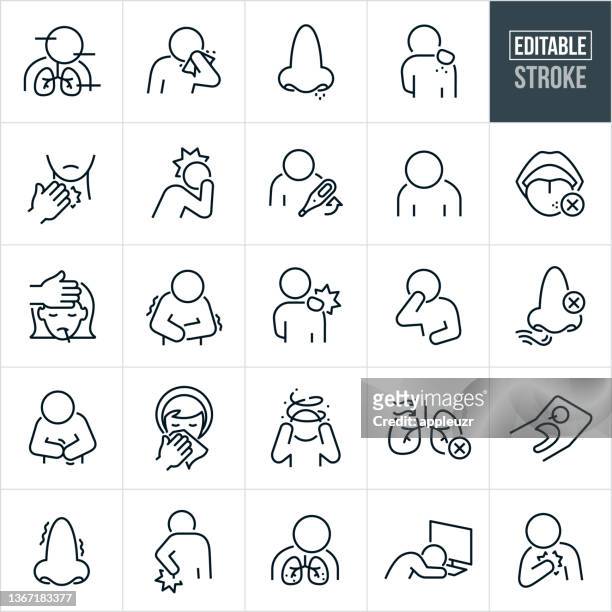 ilustrações, clipart, desenhos animados e ícones de sintomas da doença viral ícones da linha fina - derrame editável - covid icons