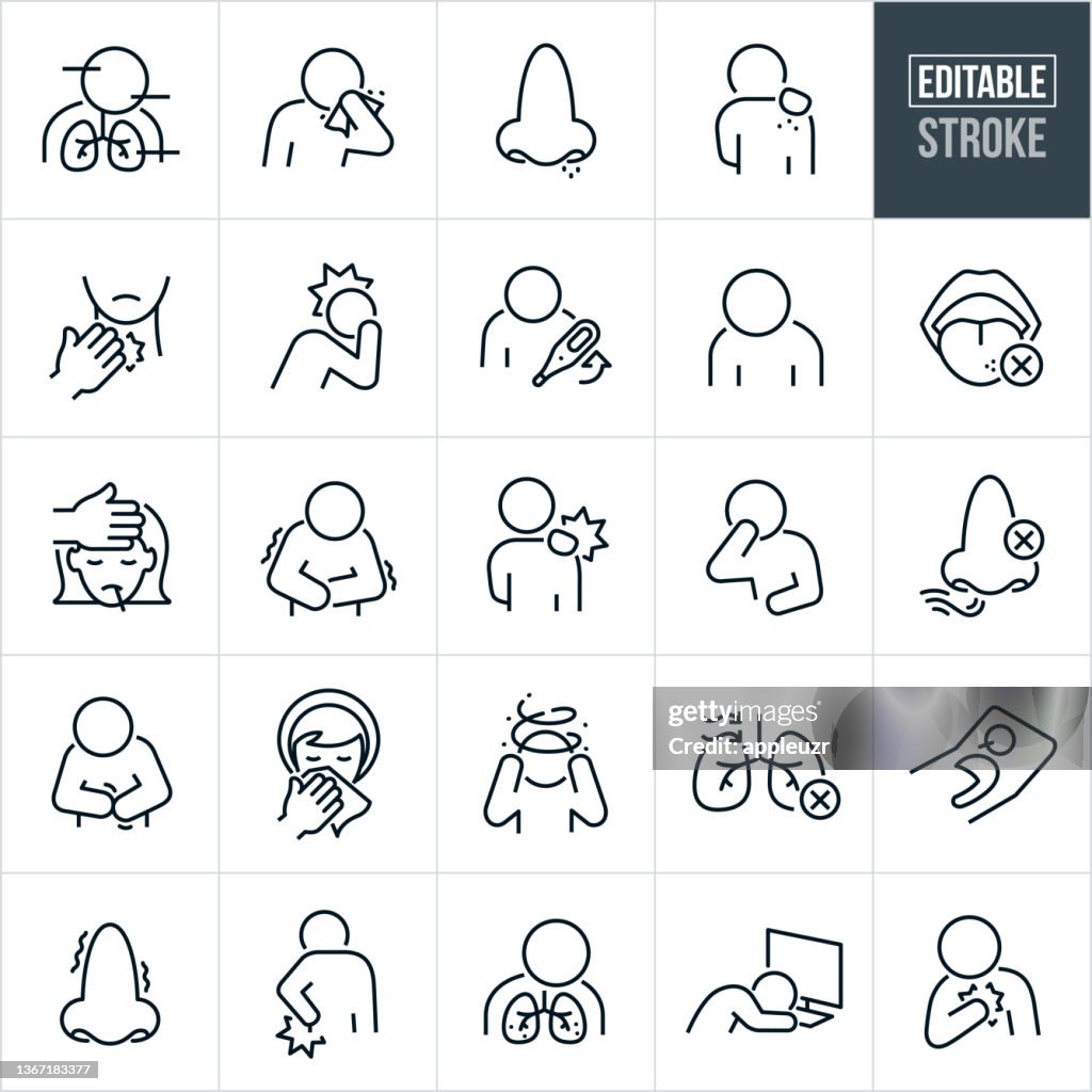 Viral Illness Symptoms Thin Line Icons - Editable Stroke